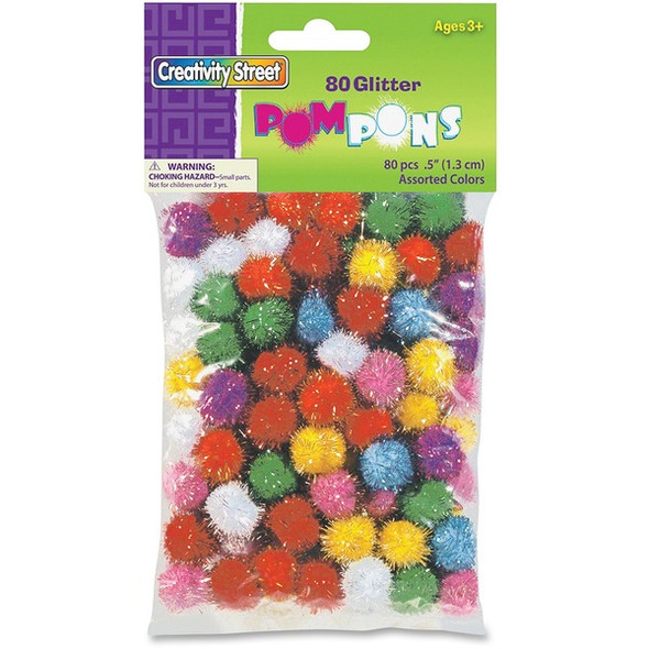 Creativity Street 1/2" Glitter PomPons - Art, Craft, Decoration, Jewelry, ClassRoom Project - 80 Piece(s) x 0.5"Diameter - 1 / Pack - Assorted - Acrylic