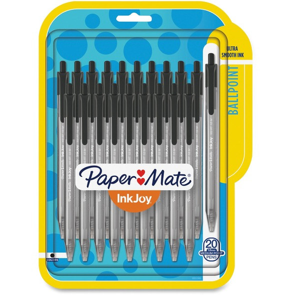 Paper Mate InkJoy 100 RT Pens - Medium Pen Point - 1 mm Pen Point Size - Retractable - Black - Translucent Barrel - 20 / Pack