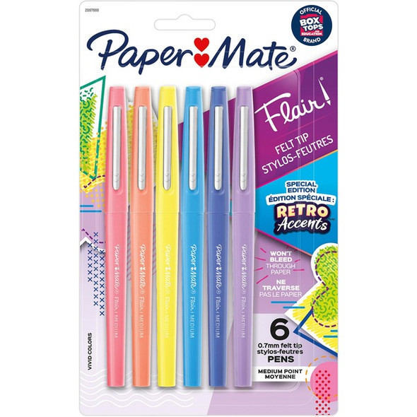 Paper Mate Flair Medium Point Pens - Medium Pen Point - Yellow, Sky Blue, Lilac, Blueberry Bubble Gum, Papaya, Guava Water Based Ink - 6 / Pack
