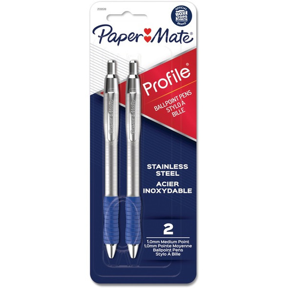 Paper Mate Profile Retractable Ball Point Pens Bold Point Blue 2/pkg - Bold, Medium Pen Point - 1 mm Pen Point Size - Retractable - Blue - Stainless Steel Barrel - 2 / Pack