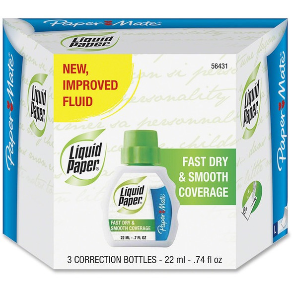 Paper Mate Liquid Paper Fast Dry Correction Fluid - Foam 22 mL - Spill Resistant, Fast-drying - 3 / Pack