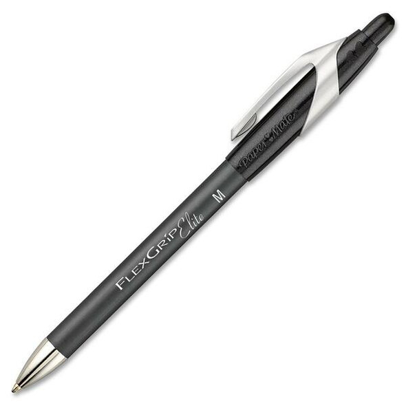 Paper Mate FlexGrip Elite Retractable Ballpoint Pens - Medium Pen Point - Refillable - Retractable - Black - Black Rubber Barrel - Metal Tip - 1 / Box