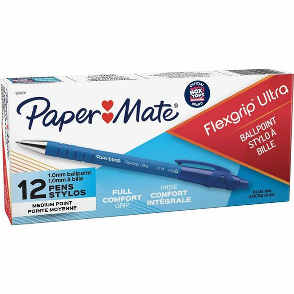 Paper Mate Flexgrip Ultra Retractable Pens - Medium Pen Point - Refillable - Retractable - Blue - Rubber Barrel - 1 Dozen