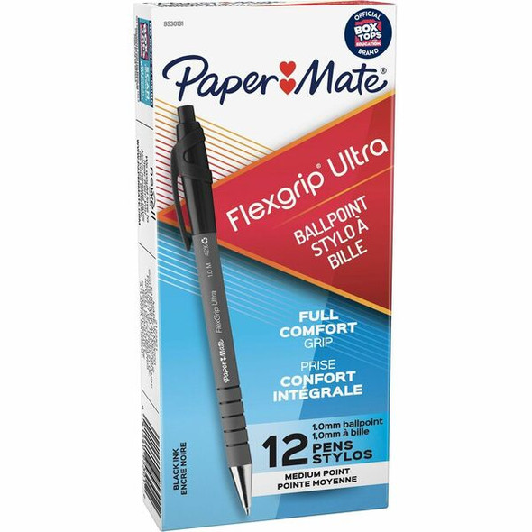 Paper Mate Flexgrip Ultra Retractable Pens - Medium Pen Point - Refillable - Retractable - Black Alcohol Based Ink - Rubber Barrel - 1 Dozen