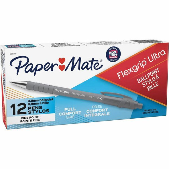Paper Mate Flexgrip Ultra Retractable Pens - Fine Pen Point - Refillable - Retractable - Black Alcohol Based Ink - Rubber Barrel - 1 Dozen