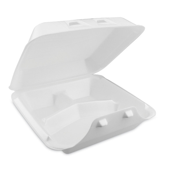 SmartLock Foam Hinged Lid Container, Large, 3-Compartment, 9 x 9.25 x 3.25, White, 150/Carton