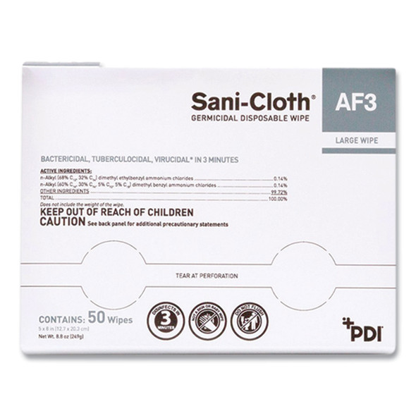 Sani-Cloth AF3 Germicidal Disposable Wipes, Large, 1-Ply, 8" x 5", Unscented, White, 50/Pack, 10 Packs/Carton