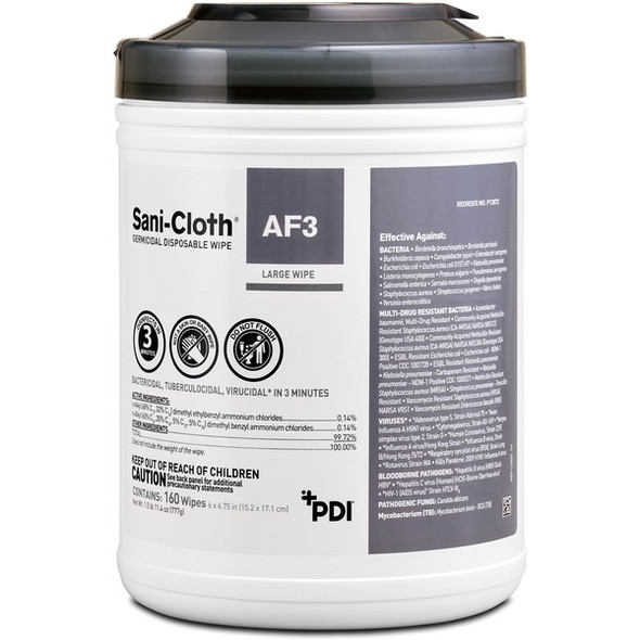 PDI Sani-Cloth AF3 Germicidal Wipes - 6.75" Length x 6" Width - 95 / Canister - 1 Each - White