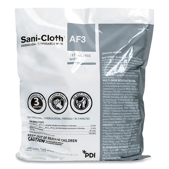 Sani-Cloth AF3 Germicidal Disposable Wipe Refill, Extra-Large, 1-Ply, 7.5 x 15, Unscented, White, 160 Wipes/Bag,2 Bags/Carton
