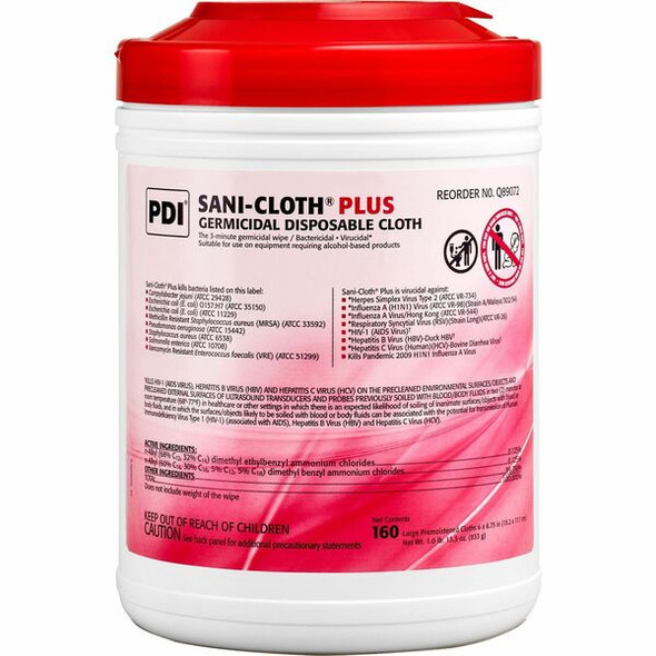 PDI Sani-Cloth Plus Germicidal Disposable Cloth - 6.75" Length x 6" Width - 160 / Canister - 1 Each - White
