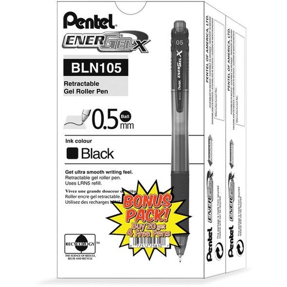 EnerGel EnerGel-X Retractable Gel Pens - Fine Pen Point - 0.5 mm Pen Point Size - Needle Pen Point Style - Refillable - Retractable - Black Gel-based Ink - Black Barrel - 24 / Pack