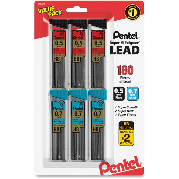 Pentel Super Hi-Polymer Lead Refills Value Pack - 0.5 mm, 0.7 mm Point - #2 - Black - Break Resistant - 6 / Pack