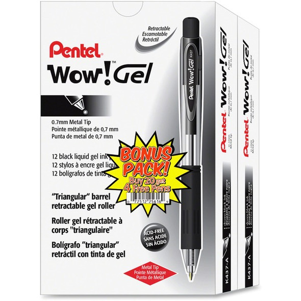 Pentel Wow! Gel Pens - Medium Pen Point - Retractable - Black Gel-based Ink - Transparent Black Barrel - 24 / Pack