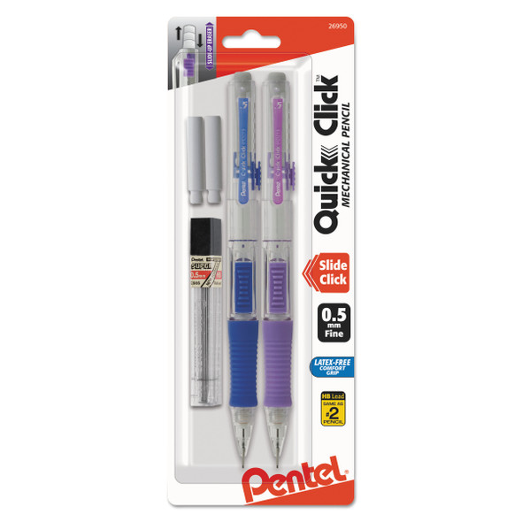 QUICK CLICK Mechanical Pencils with Tube of Lead/Erasers, 0.5 mm, HB (#2), Black Lead, Assorted Barrel Colors, 2/Pack