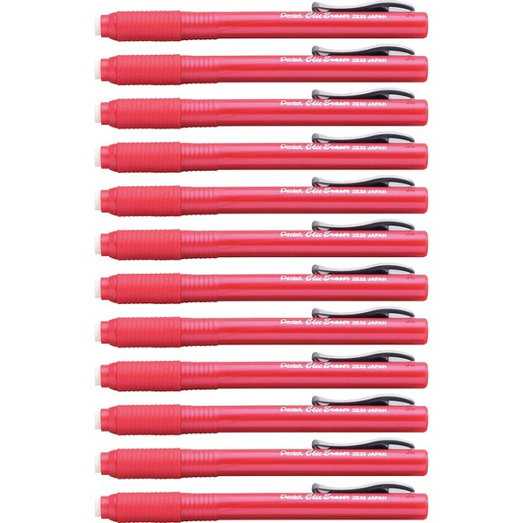 Pentel Rubber Grip Clic Eraser - Red - Pen - Refillable - 12 / Box - Retractable, Latex-free Grip, Pocket Clip, Ghost Resistant, Non-abrasive