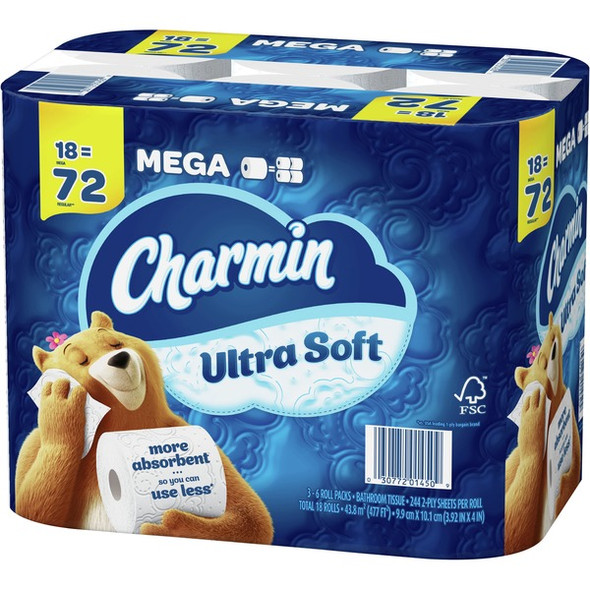 Charmin Ultra Soft Bath Tissue - 2 Ply - 244 Sheets/Roll - White - Soft, Septic Safe, Comfortable, Absorbent, Unscented, Durable, Sewer-safe, Strong - For Multipurpose - 4 Rolls Per Pack - 18 / Pack