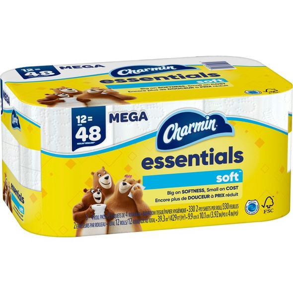 Charmin Essentials Toilet Paper - 2 Ply - White - Strong, Long Lasting, Clog Safe, Septic Safe - For Bathroom, Toilet - 1 Carton