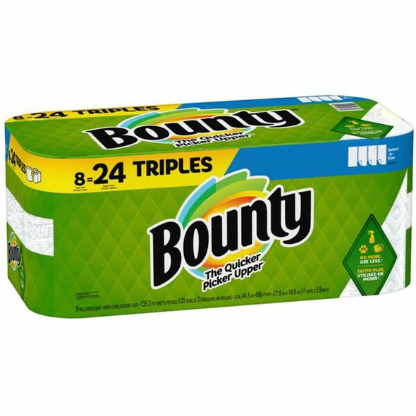 Bounty Select-A-Size Paper Towels - 8 Triple Roll = 24 Regular - 2 Ply - 135 Sheets/Roll - White - Perforated, Absorbent, Durable - For Kitchen - 8 / Pack