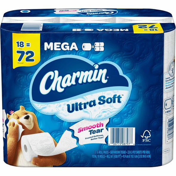 Charmin Ultra Soft Bath Tissue - 2 Ply - 224 Sheets/Roll - White - Smooth, Strong, Absorbent, Clog Safe, Septic Safe - For Bathroom, Toilet - 18 / Pack