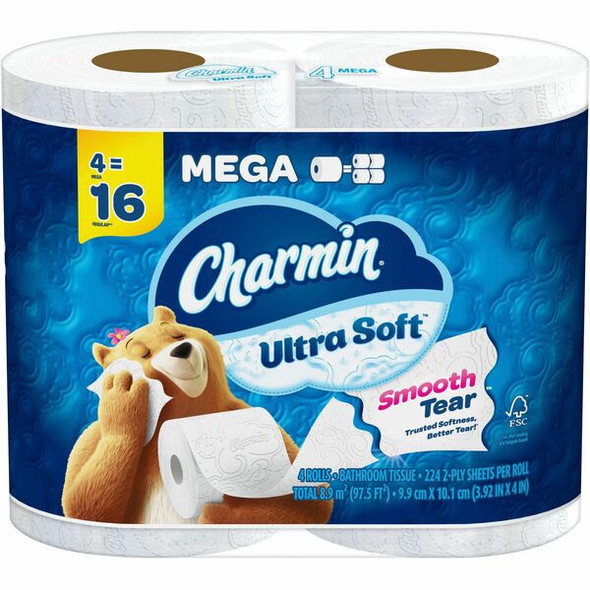 Charmin Ultra Soft Bath Tissue - 2 Ply - 224 Sheets/Roll - White - Smooth, Strong, Absorbent, Clog Safe, Septic Safe - For Bathroom, Toilet - 4 / Pack