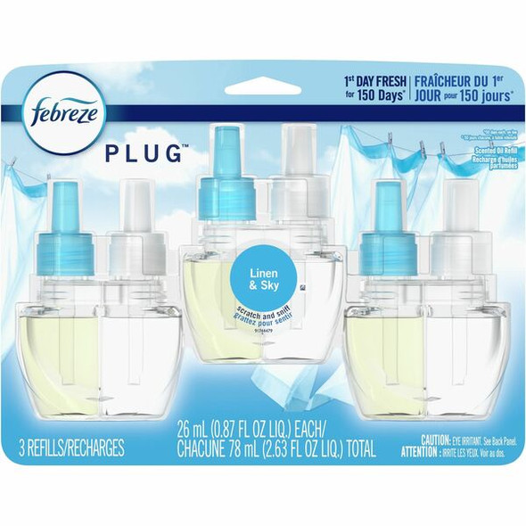 Febreze Plug Linen/Sky Oil Refill - Oil - 0.8 fl oz (0 quart) - Linen & Sky - 50 Day - 3 / Carton - Long Lasting, Odor Neutralizer