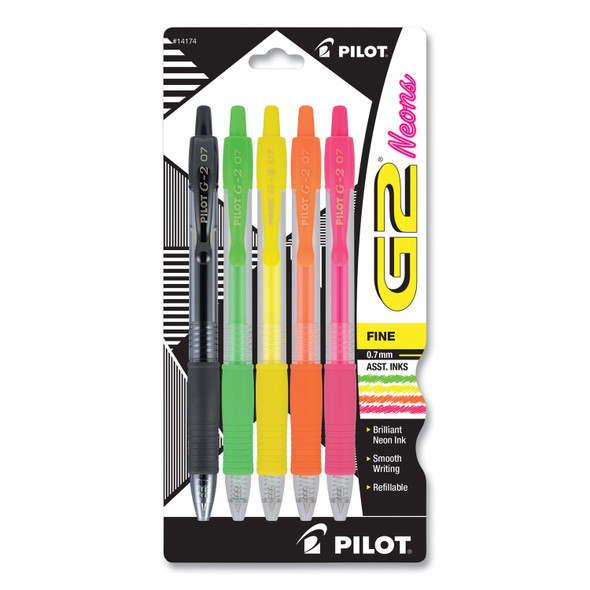 G2 Neon Gel Pen, Retractable, Fine 0.7 mm, Assorted Neon Ink and Barrel Colors, 5/Pack