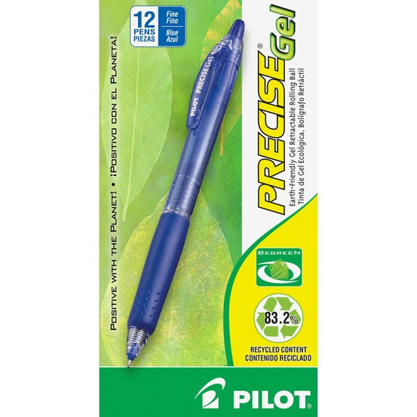 Pilot Precise Gel Fine Retractable BeGreen Pens - Fine Pen Point - 0.7 mm Pen Point Size - Needle Pen Point Style - Refillable - Retractable - Blue Gel-based Ink - Translucent Barrel - 1 Dozen