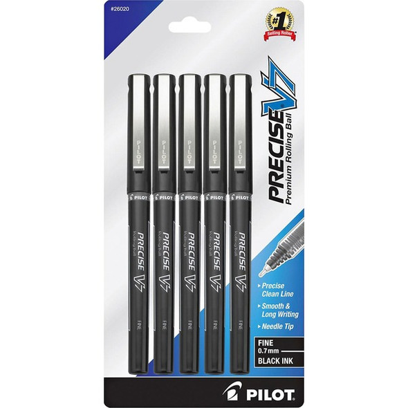 Pilot Precise V7 Fine Premium Capped Rolling Ball Pens - Fine Pen Point - 0.7 mm Pen Point Size - Black - Black Barrel - 5 / Pack