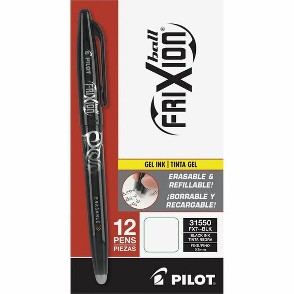 Pilot FriXion Ball Erasable Gel Pens - Fine Pen Point - 0.7 mm Pen Point Size - Black Gel-based Ink - Black Barrel - 1 Dozen