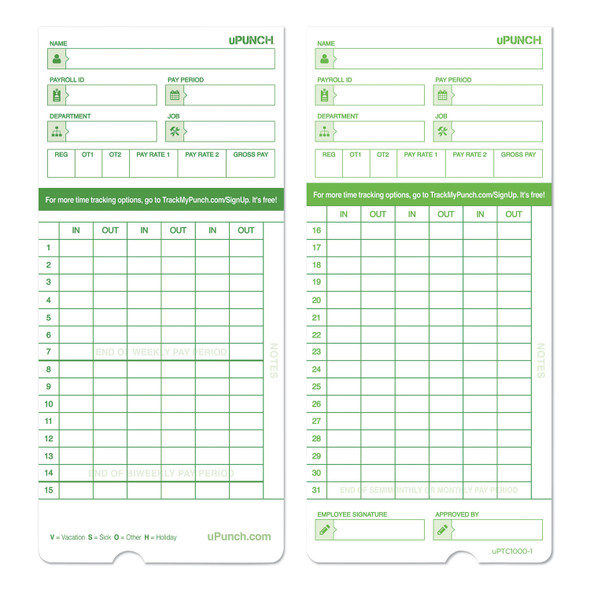 Time Clock Cards for uPunch HN1000/HN3000/HN3600, Two Sides, 7.5 x 3.5, 100/Pack