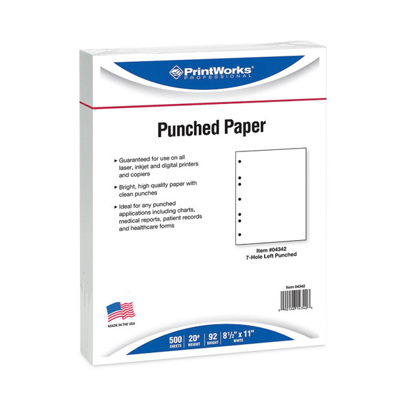 Perforated and Punched Paper, 7-Hole Punched, 20 lb Bond Weight, 8.5 x 11, White, 500/Ream