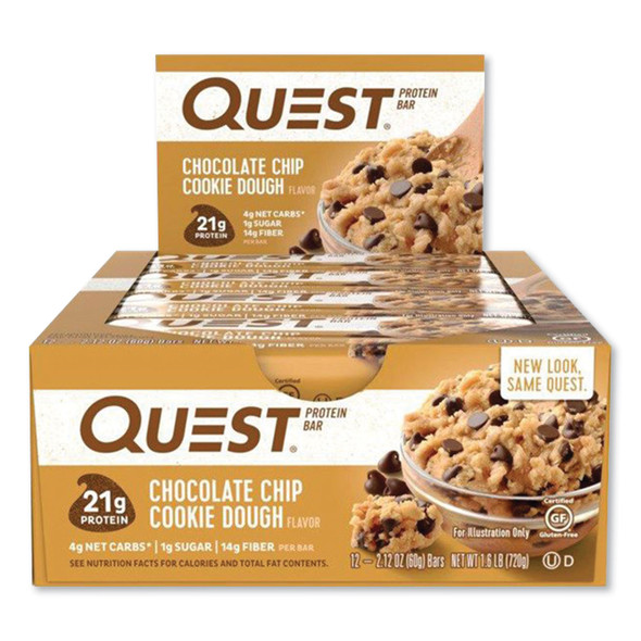 Protein Bars, Chocolate Chip Cookie Dough, 2.12 oz Bar, 12 Bars/Box