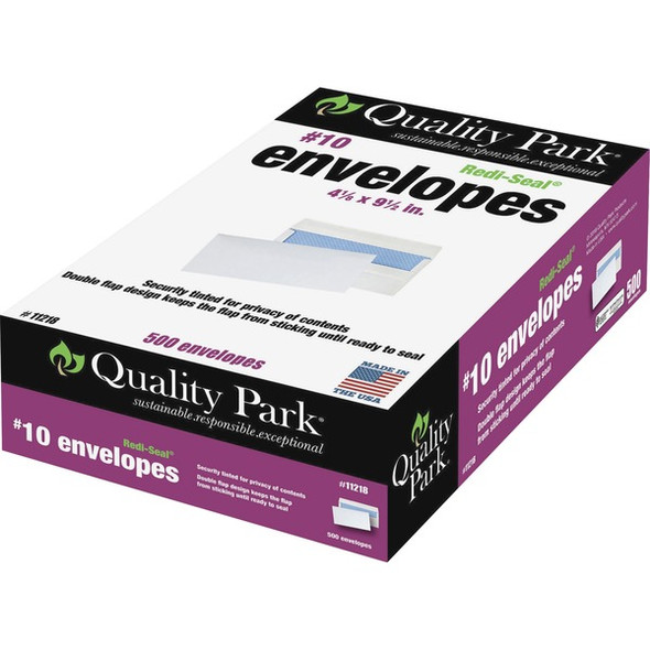 Quality Park No. 10 Security Tinted Envelopes with Self-Seal Closure - Security - #10 - 4 1/8" Width x 9 1/2" Length - 24 lb - Gummed - Wove - 500 / Box - White