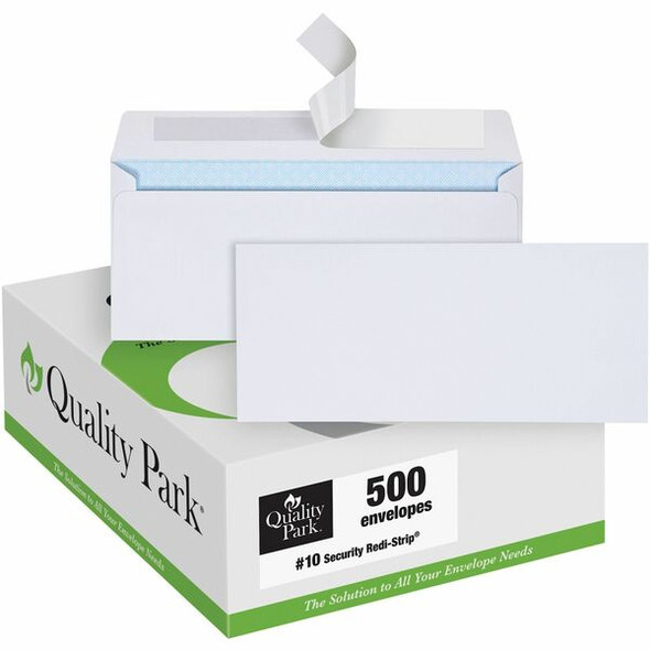 Quality Park No. 10 Security Tinted Business Envelopes with Redi-Strip&reg; Closure - Security - #10 - 4 1/8" Width x 9 1/2" Length - 24 lb - Self-sealing - Wove - 500 / Box - White