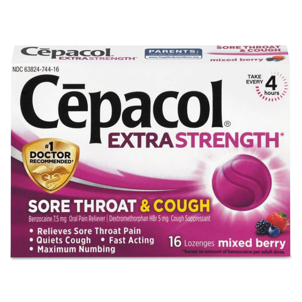 Sore Throat and Cough Lozenges, Mixed Berry, 16/Pack, 24 Packs/Carton