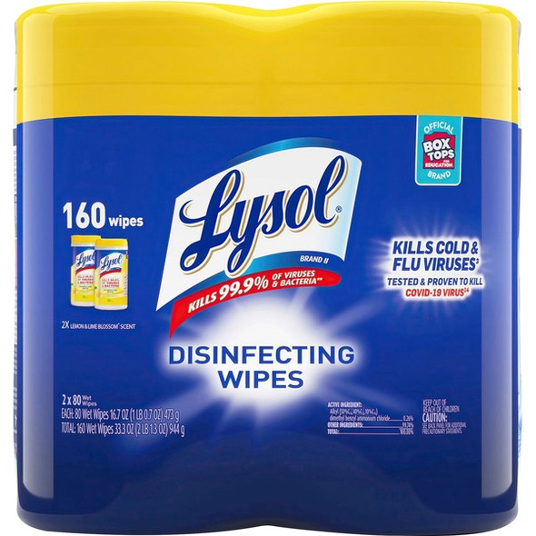 Lysol Disinfecting Wipes - Lemon Lime Scent - 80 / Canister - 2 / Pack - White