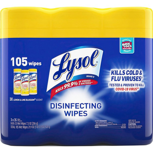 Lysol Disinfecting Wipes 3-pack - Lemon Scent - 35 / Canister - 3 / Pack - White