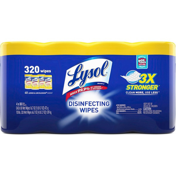 Lysol 4-pack Disinfecting Wipes - Lemon Lime Scent - 80.0 / Canister - 4 / Pack - White