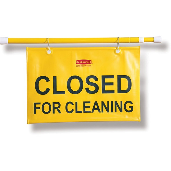 Rubbermaid Commercial Closed For Cleaning Safety Sign - 6 / Carton - Closed for Cleaning Print/Message - 50" Width x 13" Height x 1" Depth - Rectangular Shape - Hanging - Durable, Grommet - Yellow