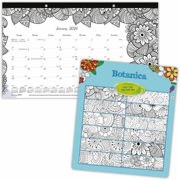 Blueline DoodlePlan Compact Desk Pad - Botanica - Monthly - January 2024 till December 2024 - 1Month Single Page Layout - Desk Pad - White - Chipboard - Tear-off, Notes Area, Eco-friendly, Eyelet - 17-3/4" x 10-7/8"