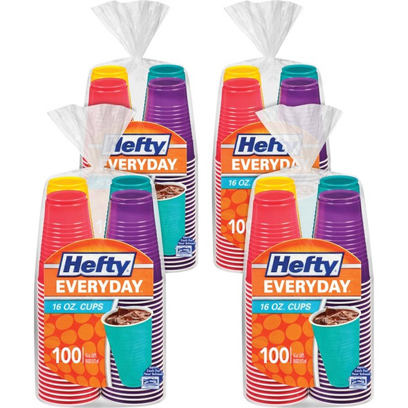 Hefty Everyday 16 oz Disposable Party Cups - 100 / Pack - 4 / Carton - Yellow, Purple, Red, Teal, Assorted Bright - Plastic - Cold Drink, Party