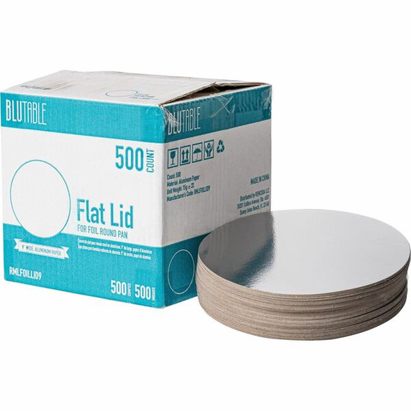 BluTable 9" Round Foil Pan Flat Board Lids - Round - 500 / Carton - White, Silver