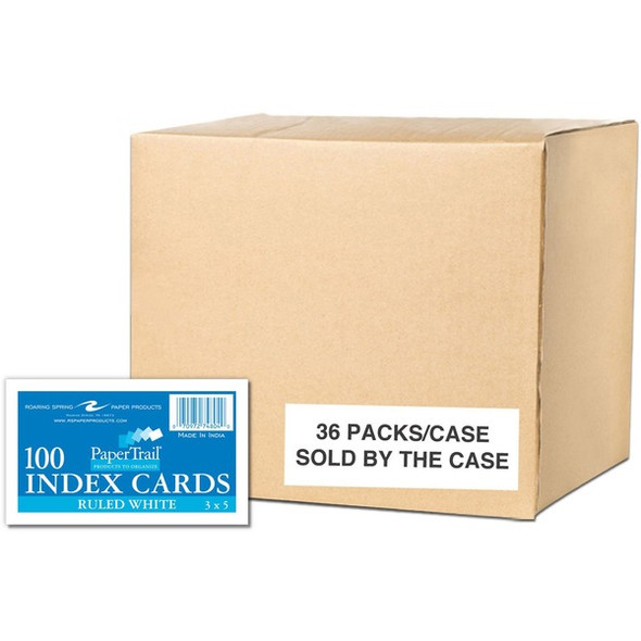 Roaring Spring PaperTrail Ruled Index Cards - 100 Sheets - 200 Pages - Printed - Front Ruling Surface - 43 lb Basis Weight - 160 g/m&#178; Grammage - 5" x 3" - 0.75" x 5" x 3" - White Paper - 3600 / Carton