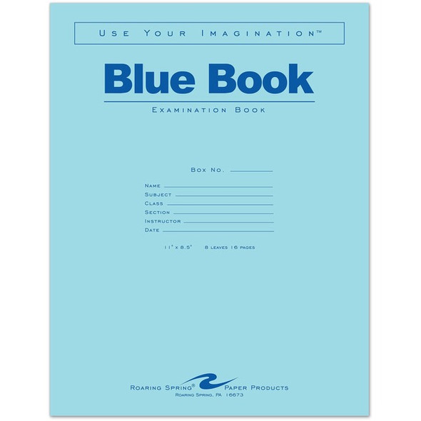 Roaring Spring 8 - sheet Blue Examination Book - Letter - 8 Sheets - 16 Pages - Stapled - Red Margin - 15 lb Basis Weight - Letter - 8 1/2" x 11" - White Paper - Blue Cover - 50 / Pack