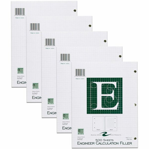 Roaring Spring 5x5 Graph Ruled Engineering Loose Leaf Filler Paper - 500 Sheets - 1000 Pages - Printed - Back Ruling Surface - 3 Hole(s) - 15 lb Basis Weight - 56 g/m&#178; Grammage - 11" x 8 1/2" - 1.65" x 8.5" x 11" - Green Paper - 10 / Carton