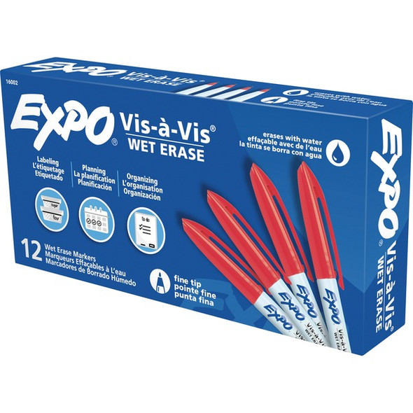 Expo Vis-A-Vis Wet-Erase Markers - Fine Marker Point - Red - White Barrel - 1 Dozen