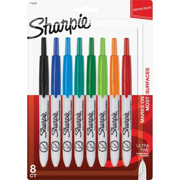 Sharpie Retractable Ultra Fine Point Permanent Marker - Ultra Fine Marker Point - Retractable - Aqua, Black, Blue, Green, Lime, Red, Tangerine, Turquoise - 8 / Set