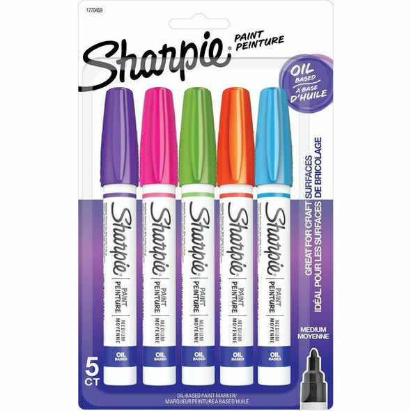 Sharpie Oil-Based Paint Marker - Medium Point - Medium Marker Point - Aqua, Orange, Lime Green, Pink, Purple Oil Based Ink - 5 / Pack
