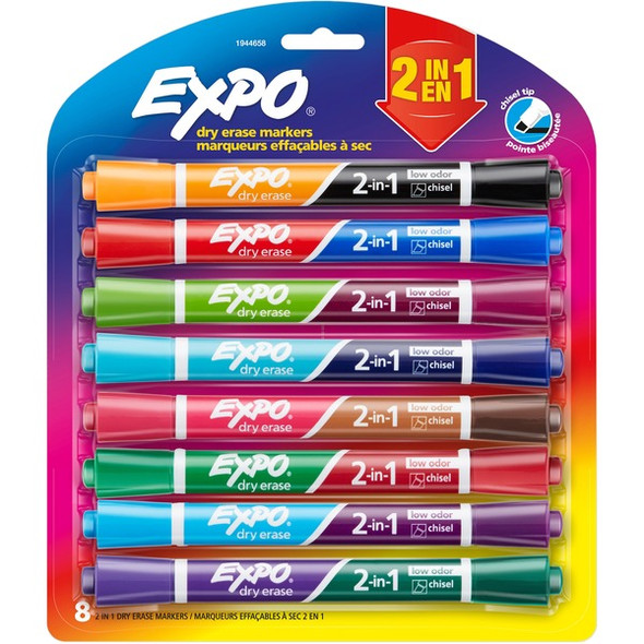 Expo 2-in-1 Dry Erase Markers - Chisel Marker Point Style - Assorted - 8 / Pack
