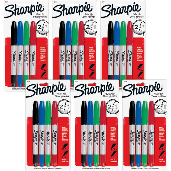 Sharpie Twin Tip Permanent Markers - Ultra Fine, Fine Marker Point - 0.3 mm, 1 mm Marker Point Size - Red, Green, Blue, Black Alcohol Based Ink - 24 / Bag